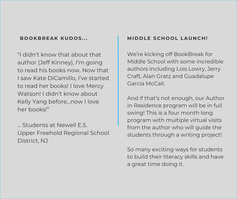 Testimonials from students at Newell E.S. in New Jersey about the BookBreak program, and Middle School launch announcement.