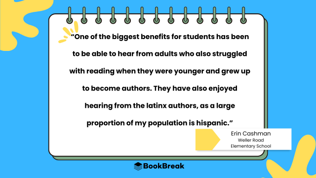 Virtual author talk program testimonial graphic highlighting how authors inspire reluctant readers.