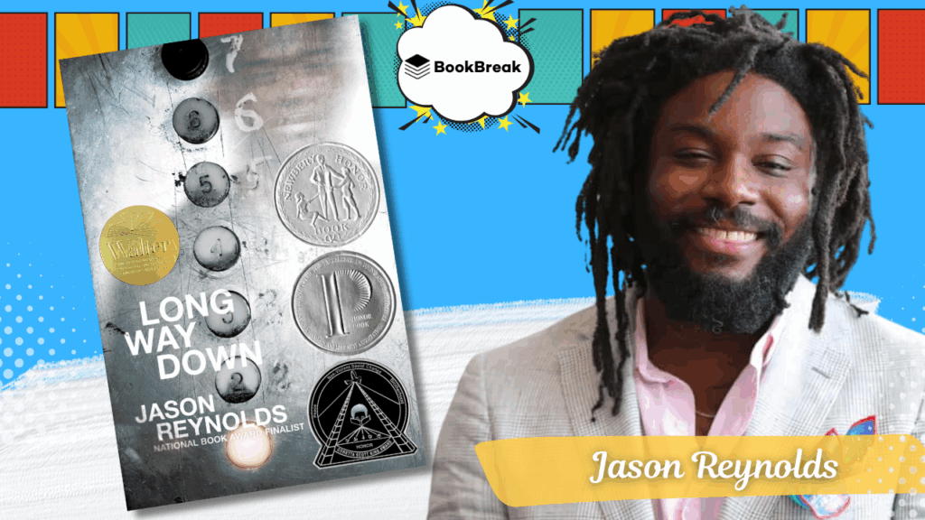 Photo of bestselling author Jason Reynolds with his book, Long Way Down for his virtual author talk for high schools.