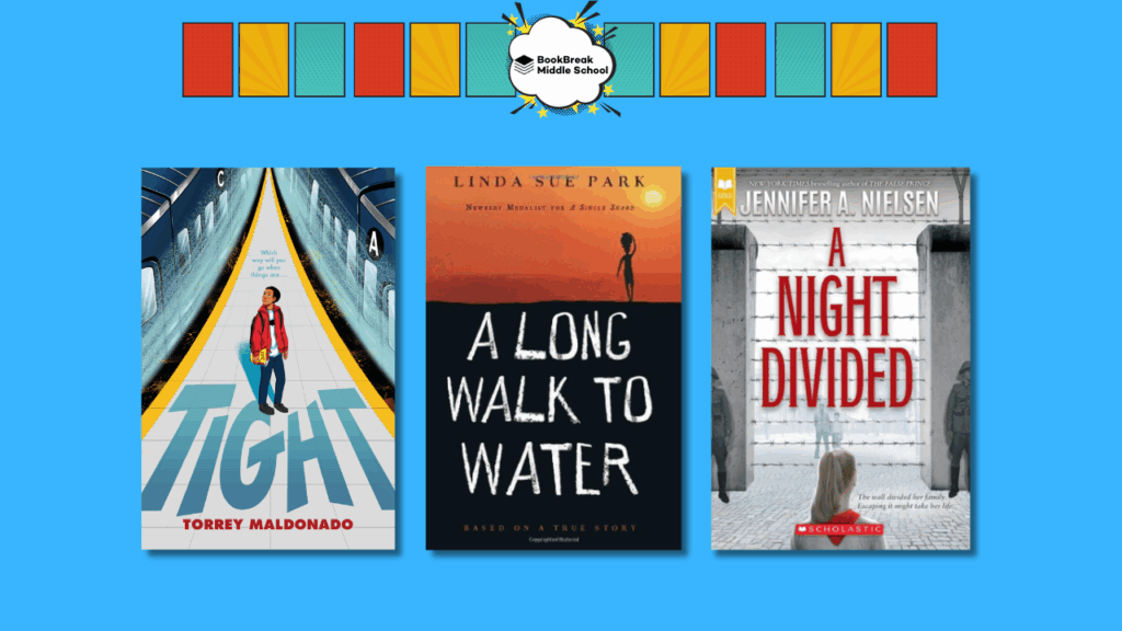 A graphic of three middle school book covers featuring bestselling authors Torrey Maldonado, Linda Sue Park, and Jennifer A. Nielsen.