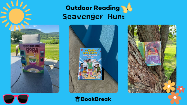 A graphic with images of summer outdoor reading spots with a book on the patio, a book by the pool, and a book in a tree.