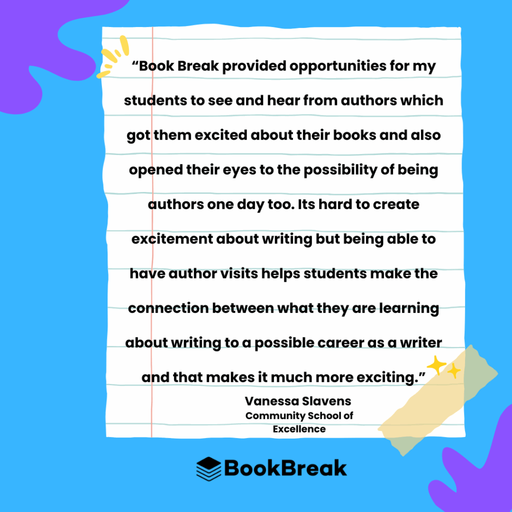 Virtual author talk program testimonial graphic highlighting how authors inspire reluctant readers.