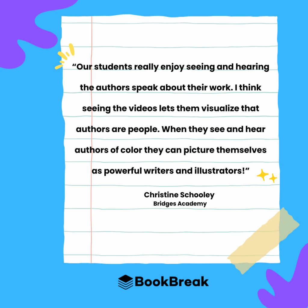 Virtual author talk program testimonial graphic highlighting how authors inspire reluctant readers.