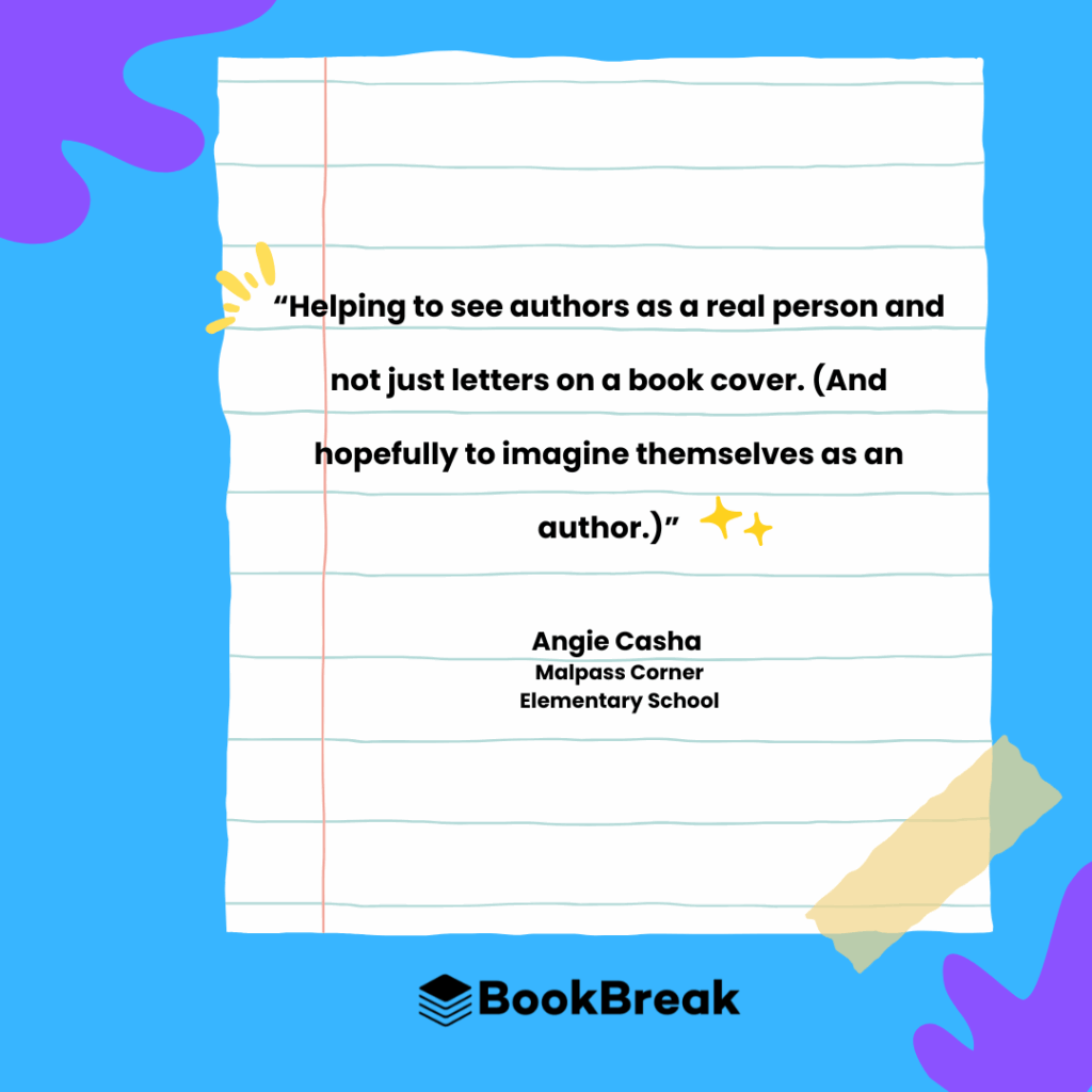 Virtual author talk program testimonial graphic highlighting how authors inspire reluctant readers.