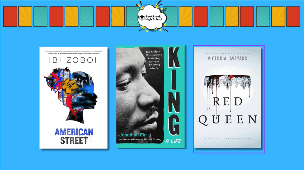 Spring lineup featuring American Street by Ibi Zoboi, King: A Life by Jonathan Eig, and Red Queen by Victoria Aveyard for high school readers.