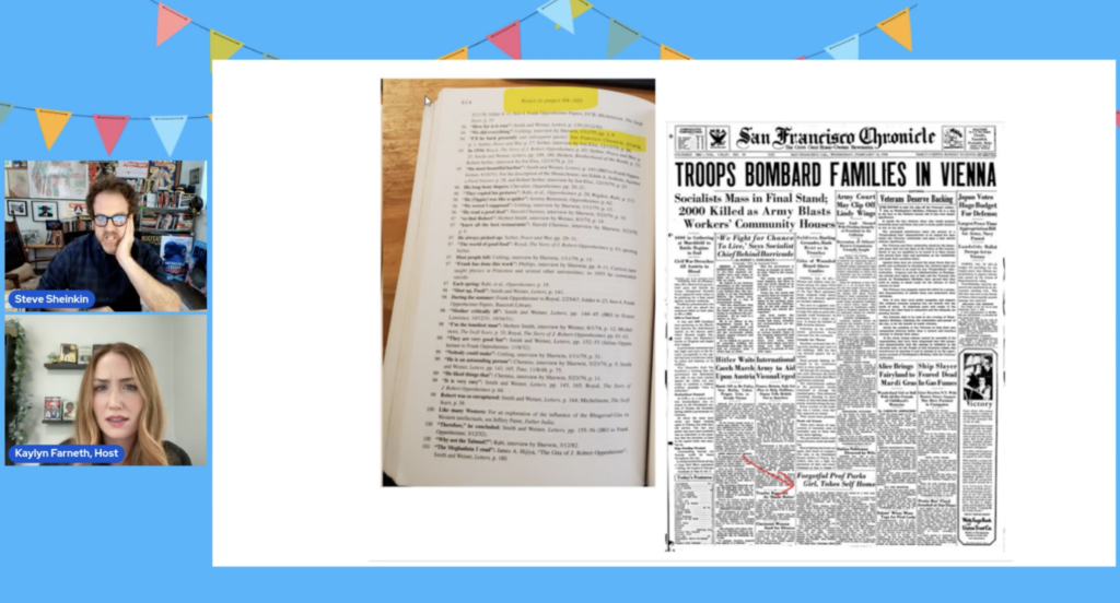 Author Steve Sheinkin shares primary source research during a high school virtual author visit on BookBreak.