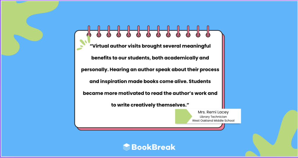 A testimonial from Mrs. Remi Lacey on the academic and personal benefits of virtual author visits for middle schoolers.
