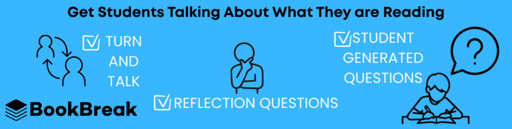 Graphic titled “Get Students Talking About What They Are Reading” highlighting three discussion strategies: Turn and Talk, Reflection Questions, and Student-Generated Questions.