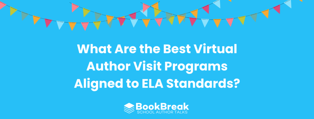 A bright cyan blog header featuring colorful festive bunting and the central text "What Are the Best Virtual Programs Aligned to ELA Standards" The BookBreak logo sits at the bottom, creating a cheerful and encouraging educational theme.