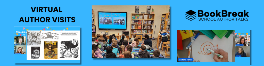 BookBreak School Author Talks graphic showing virtual author visits, including students watching an author talk in a school library and an author leading a live drawing activity.