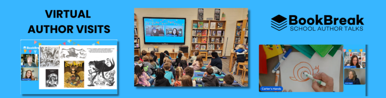 BookBreak School Author Talks graphic showing virtual author visits, including students watching an author talk in a school library and an author leading a live drawing activity.